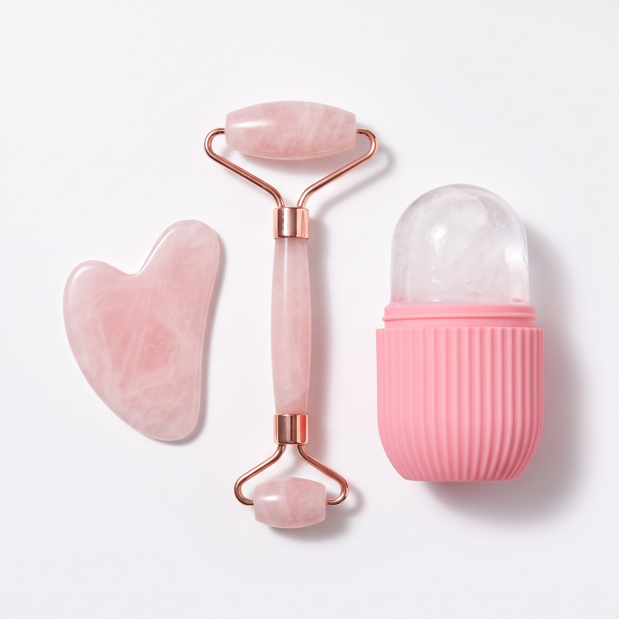Facial ice roller and gua sha set in pink rose quartz