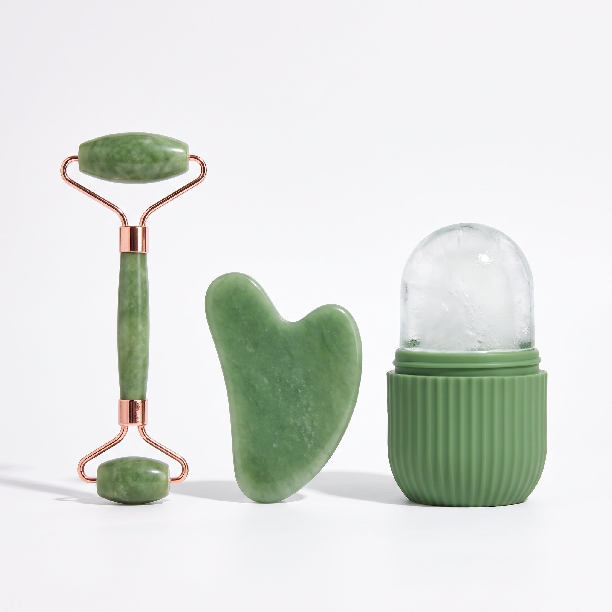 Facial ice roller and gua sha set in jade green
