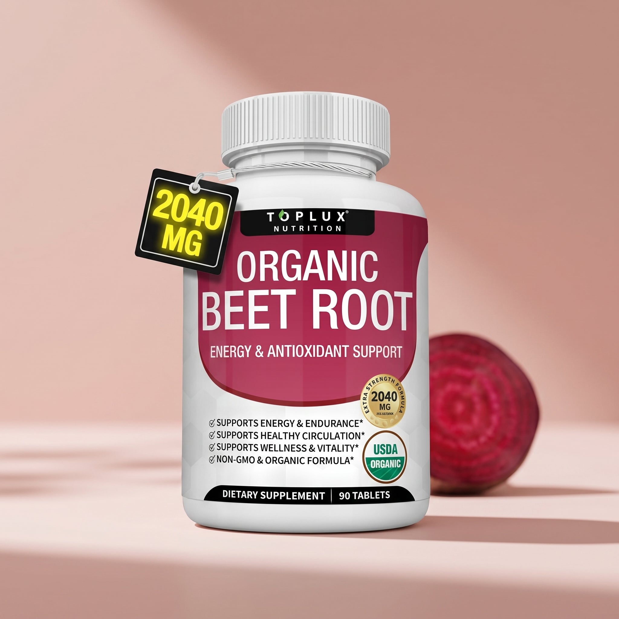 Organic Beet Root Capsules bottle with a fresh beet slice on a blush studio background