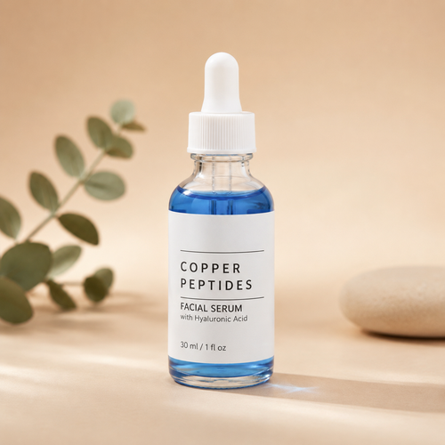 Copper Peptides Facial Serum bottle on a warm beige studio background