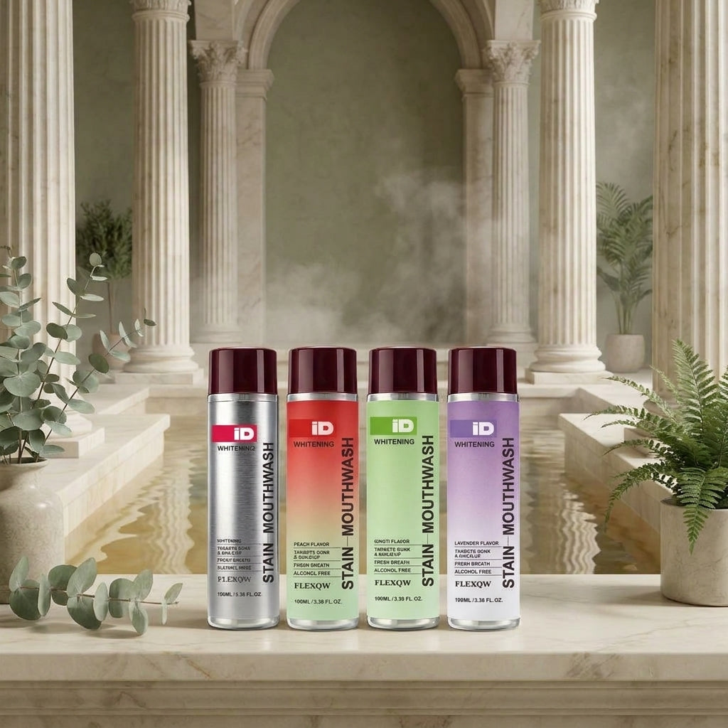 Stain Removal Mouthwash flavors in a serene Roman marble bath spa