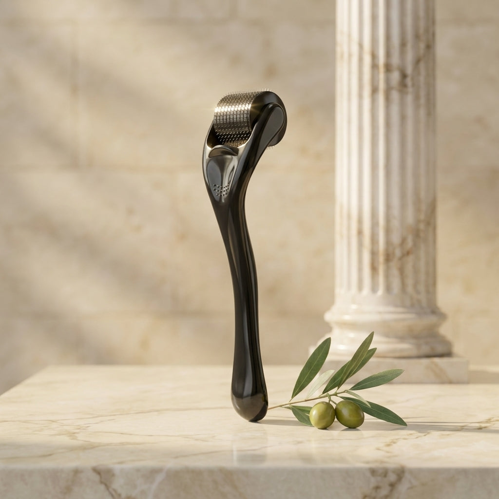 Titanium 0.25mm derma roller on marble beside olive sprig and Roman column