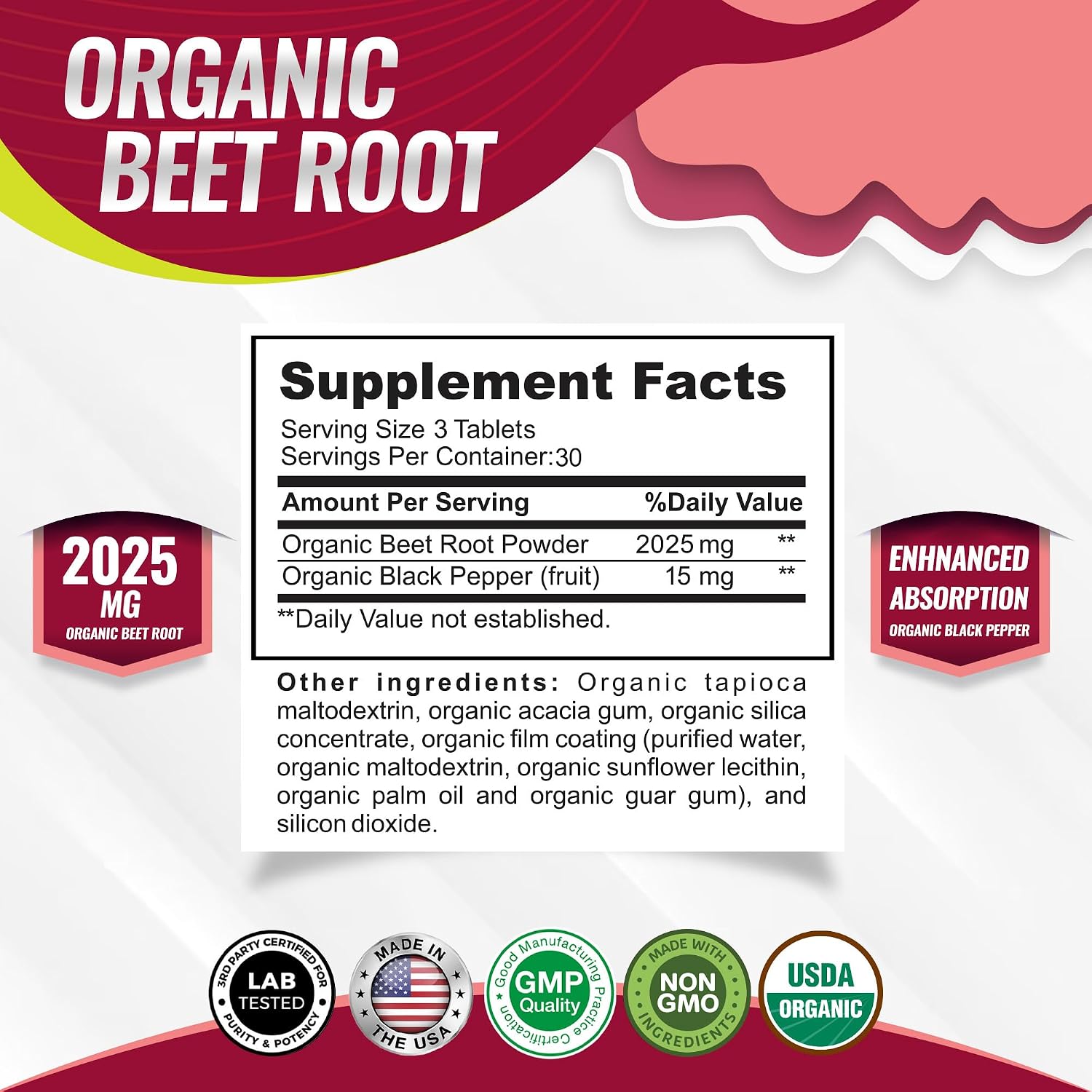 Organic Beet Root Capsules supplement facts panel