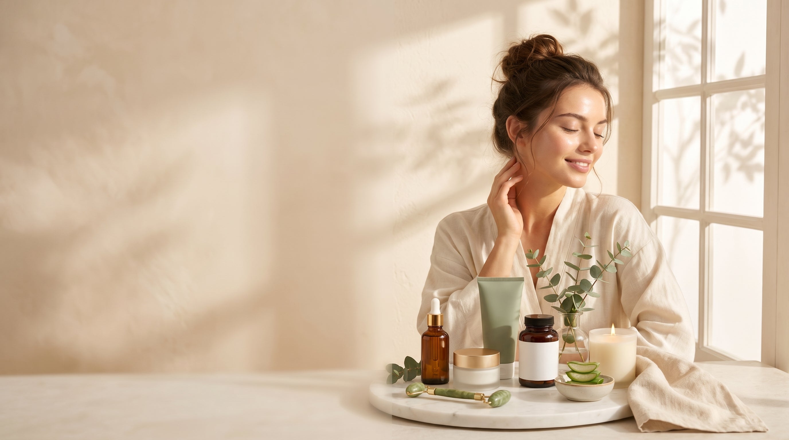 Woman enjoying her skincare ritual with Cosmetopia products in warm natural light